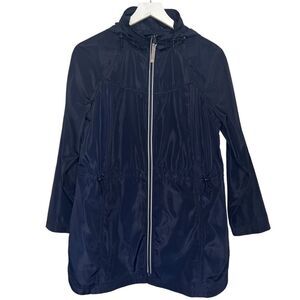 T by Talbots Hidden Hood Anorek Rain Jacket Womens MP Navy Blue Zip Up Cinch